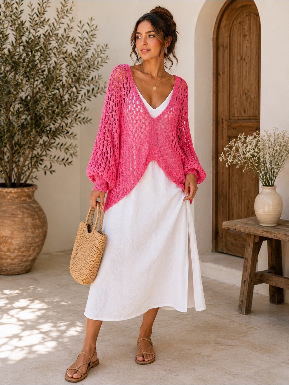 Made in Italy Amalfi Pink Open-Knit Crochet Pullover Top